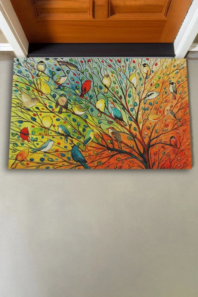 Valerine Life Renkli Kuşlar Hayat Ağacı Welcome Hoş Geldiniz Kapı Önü Paspası 45x70cm - Resim 3