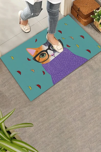 Valerine Life Aristokrat Kedi Yeşil Renkli Welcome Hoş Geldiniz Kapı Önü Paspası 45x70cm ürün görseli
