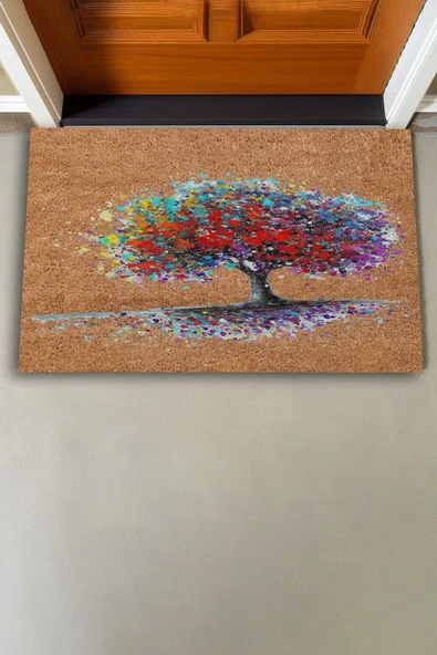 Valerine Life Renkli Yaşam Ağacı Kahverengi Welcome Hoş Geldiniz Kapı Önü Paspası 45x70cm - Resim 3