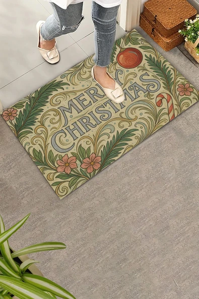 Valerine Life Çiçek Süslemeli Krem Merry Christmas Welcome Hoş Geldiniz Kapı Önü Paspası 45x70cm ürün görseli