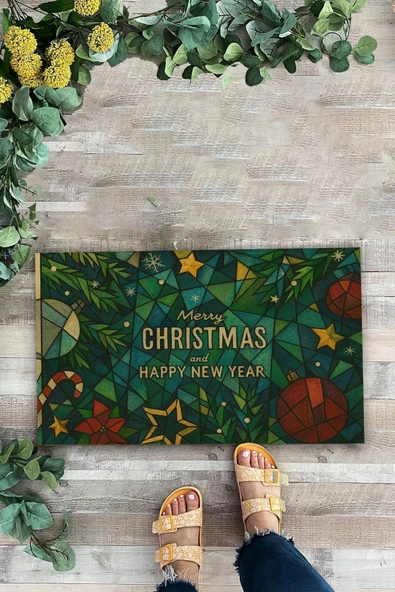 Valerine Life Picasso Tarzı Geometrik Yeşil Yılbaşı Welcome Hoş Geldiniz Kapı Önü Paspası 45x70cm - Resim 2