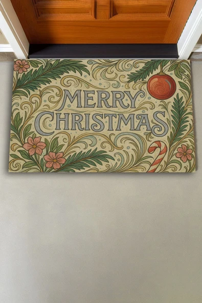 Valerine Life Çiçek Süslemeli Krem Merry Christmas Welcome Hoş Geldiniz Kapı Önü Paspası 45x70cm - Resim 3