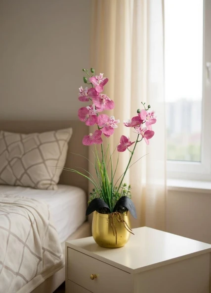 Yapay Çiçek Pembe Islak Orkide Gold Metal Saksıda Saksıda Orkide 50cm ürün görseli