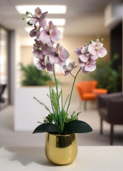 Yapay Çiçek Pudra Pembe Islak Orkide Gold Metal Saksıda Saksıda Orkide 50cm - Resim 7