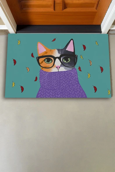 Valerine Life Aristokrat Kedi Yeşil Renkli Welcome Hoş Geldiniz Kapı Önü Paspası 45x70cm - Resim 3