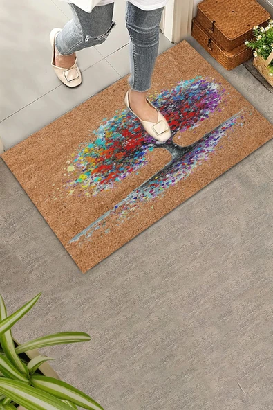 Valerine Life Renkli Yaşam Ağacı Kahverengi Welcome Hoş Geldiniz Kapı Önü Paspası 45x70cm - Resim 2