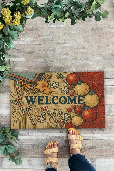 Valerine Life Yılbaşı Baston Şekerli Noel Temalı Welcome Hoş Geldiniz Kapı Önü Paspası 45x70cm - Resim 2