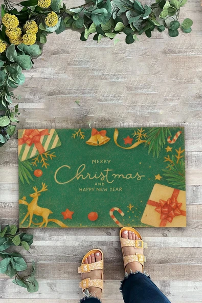 Valerine Life Happy New Year Yeşil Pastel Ren Geyikli Welcome Hoş Geldiniz Kapı Önü Paspası 45x70cm ürün görseli