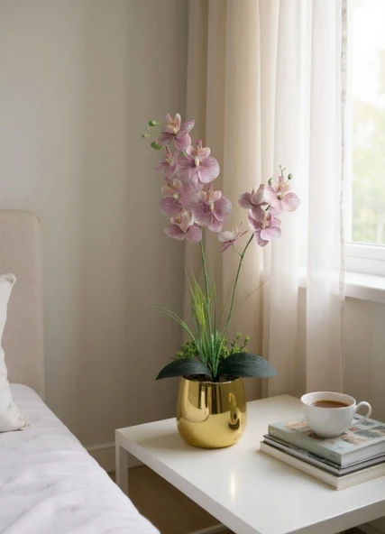 Yapay Çiçek Pudra Pembe Islak Orkide Gold Metal Saksıda Saksıda Orkide 50cm - Resim 5