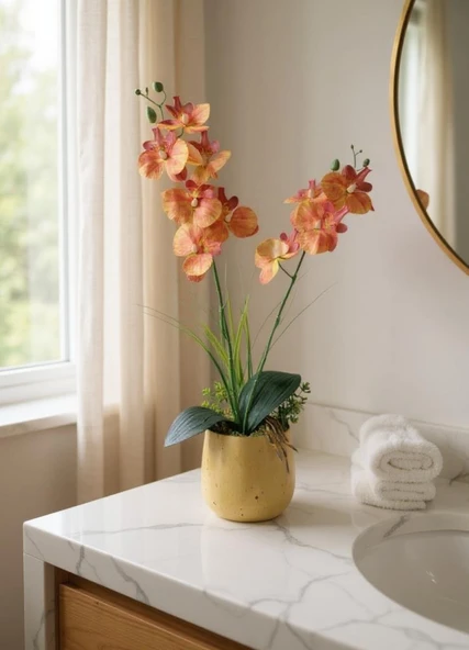 Yapay Çiçek Somon Islak Orkide Gold Metal Saksıda Saksıda Orkide 50cm - 5