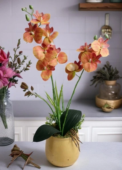 Yapay Çiçek Somon Islak Orkide Gold Metal Saksıda Saksıda Orkide 50cm - 8