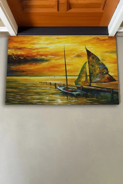 Valerine Life Deniz Gemi ve Gün Batımında Huzur Temalı Welcome Hoş Geldiniz Kapı Önü Paspası 45x70cm - Resim 2