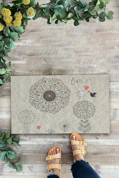 Valerine Life Dilek Otlu Papatya ve Kuşlar Krem Rengi Welcome Hoş Geldiniz Kapı Önü Paspası 45x70cm - Resim 2