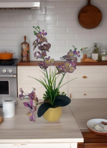 Yapay Çiçek Mor Islak Orkide Gold Metal Saksıda Saksıda Orkide 50cm - Resim 7