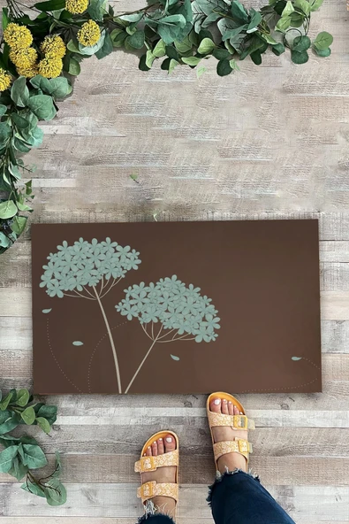 Valerine Life Kişniş Çiçeği Motifli Kahverengi Welcome Hoş Geldiniz Kapı Önü Paspası 45x70cm - Resim 2