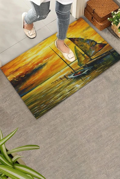 Valerine Life Deniz Gemi ve Gün Batımında Huzur Temalı Welcome Hoş Geldiniz Kapı Önü Paspası 45x70cm ürün görseli