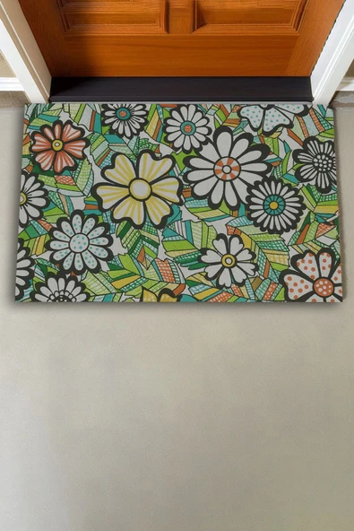 Valerine Life Çiçeksenfoni Temalı Yeşil Renk Welcome Hoş Geldiniz Kapı Önü Paspası 45x70cm - Resim 3