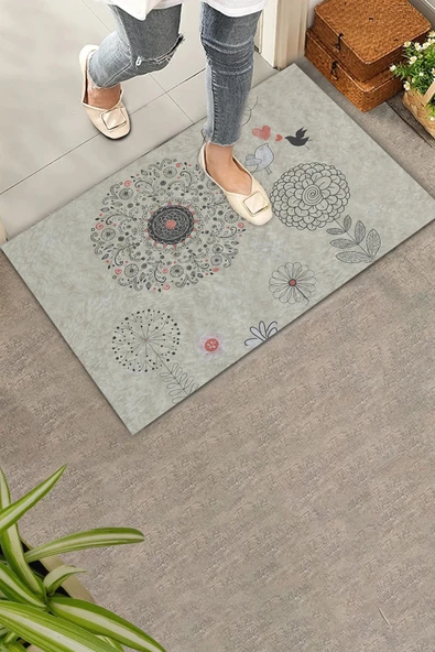 Valerine Life Dilek Otlu Papatya ve Kuşlar Krem Rengi Welcome Hoş Geldiniz Kapı Önü Paspası 45x70cm ürün görseli