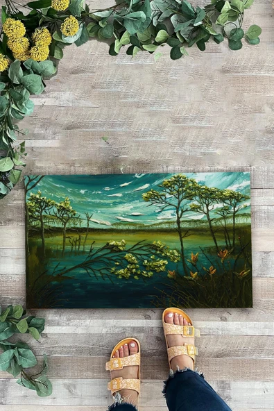 Valerine Life Melankoli Bahçesi Yeşil Renk Welcome Hoş Geldiniz Kapı Önü Paspası 45x70cm - Resim 3