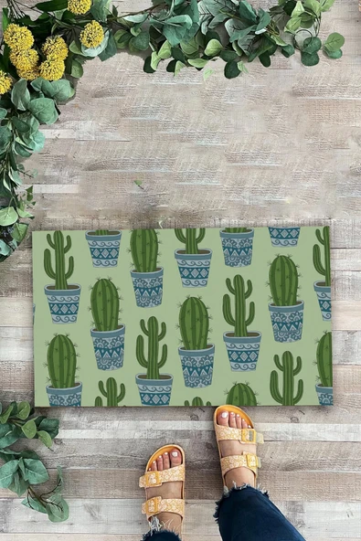 Valerine Life Dikenime Katlan Keyfine Bak Yeşil Kaktüs Welcome Hoş Geldiniz Kapı Önü Paspası 45x70cm - Resim 2