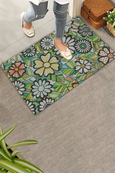 Valerine Life Çiçeksenfoni Temalı Yeşil Renk Welcome Hoş Geldiniz Kapı Önü Paspası 45x70cm ürün görseli
