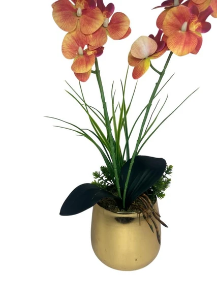 Yapay Çiçek Somon Islak Orkide Gold Metal Saksıda Saksıda Orkide 50cm - 3