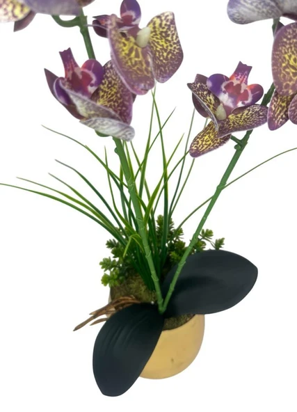 Yapay Çiçek Mor Islak Orkide Gold Metal Saksıda Saksıda Orkide 50cm - Resim 3