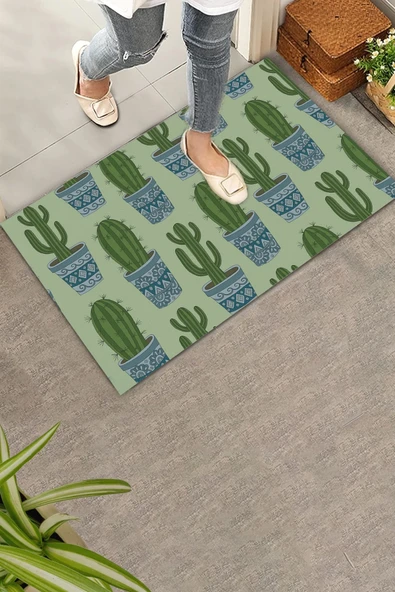 Valerine Life Dikenime Katlan Keyfine Bak Yeşil Kaktüs Welcome Hoş Geldiniz Kapı Önü Paspası 45x70cm ürün görseli