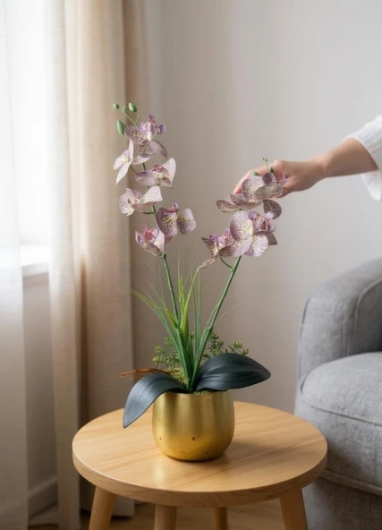 Yapay Çiçek Mor Islak Orkide Gold Metal Saksıda Saksıda Orkide 50cm - Resim 8