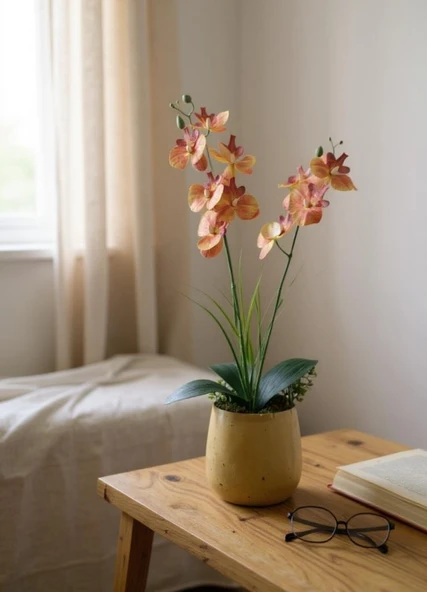 Yapay Çiçek Somon Islak Orkide Gold Metal Saksıda Saksıda Orkide 50cm - 6