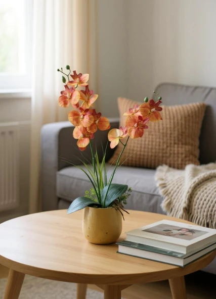 Yapay Çiçek Somon Islak Orkide Gold Metal Saksıda Saksıda Orkide 50cm