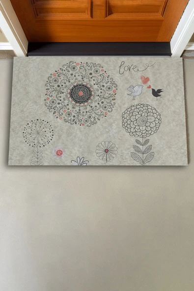 Valerine Life Dilek Otlu Papatya ve Kuşlar Krem Rengi Welcome Hoş Geldiniz Kapı Önü Paspası 45x70cm - Resim 3