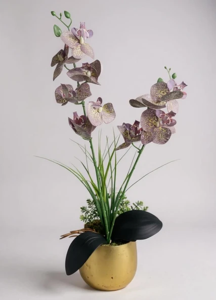 Yapay Çiçek Mor Islak Orkide Gold Metal Saksıda Saksıda Orkide 50cm ürün görseli