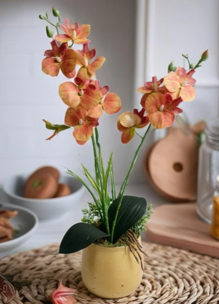 Yapay Çiçek Somon Islak Orkide Gold Metal Saksıda Saksıda Orkide 50cm - 7