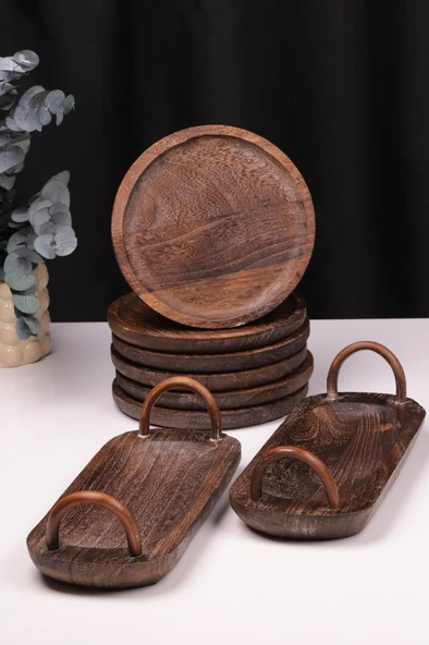 Bambum 8 Parça Pavlonya Obsidian Ahşap Sunum Seti – Yuvarlak ve Dikdörtgen Ayaklı Servis Tabaklar ürün görseli