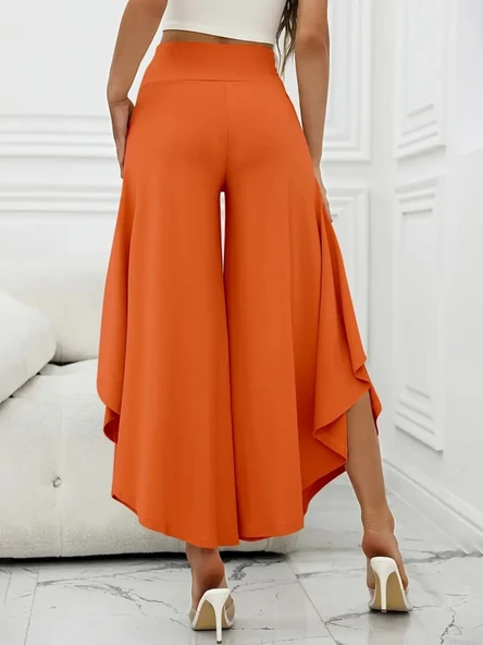 Kadın Yüksek Belli Geniş Paçalı Yanlardan Açık Sandy Pantolon - Resim 3