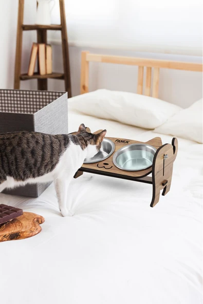 Ahşap Özel Isim Baskılı, Kedi Mama Seramik Su Kabı Standı Hediye Kedi Halısı - 7