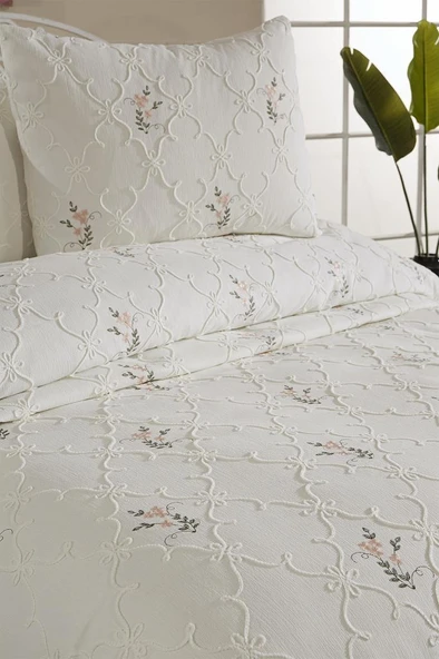 Pinkrose Nakışlı Şönil 3 Parça Çift Kişilik Yatak Örtüsü Krem - Resim 6