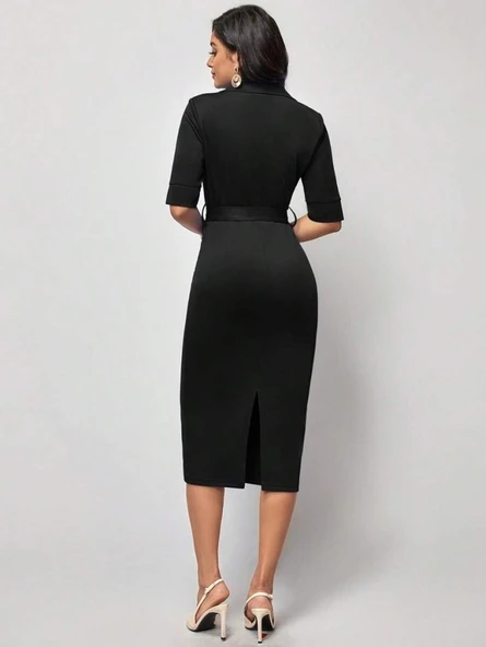 Kadın Kısa Kollu Yakalı Kruvaze Yakalı Beli Kemerli Midi Modal Elbise - Resim 4