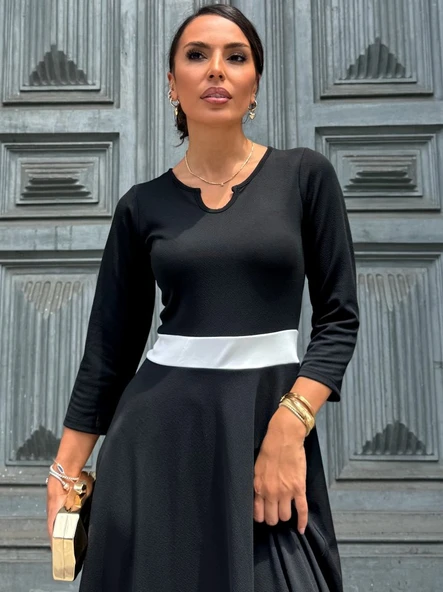 Kadın Truvakarkol Yakası Açık Blok Renkli Krep Midi Elbise - Resim 2