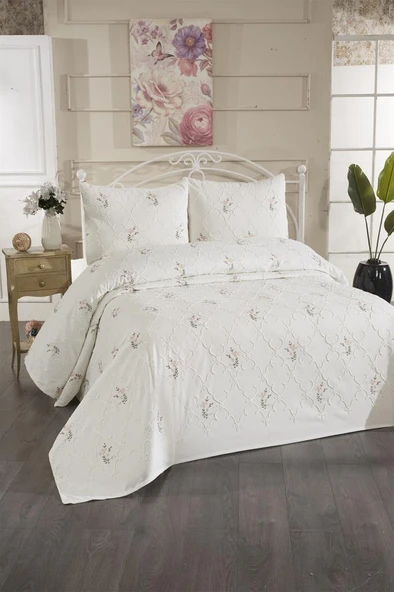 Pinkrose Nakışlı Şönil 3 Parça Çift Kişilik Yatak Örtüsü Krem - Resim 2