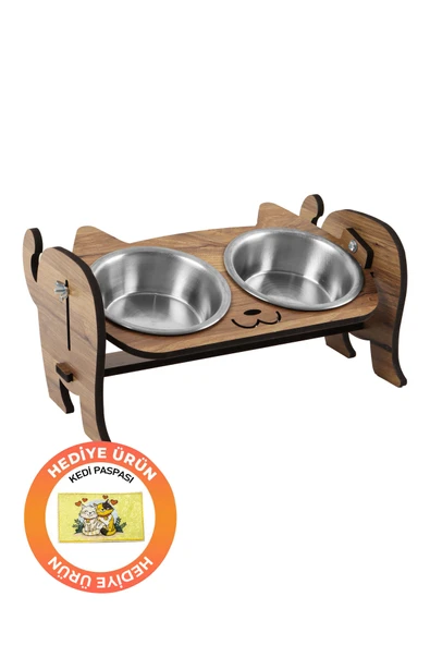 Ahşap Özel Isim Baskılı, Kedi Mama Seramik Su Kabı Standı Hediye Kedi Halısı - 6