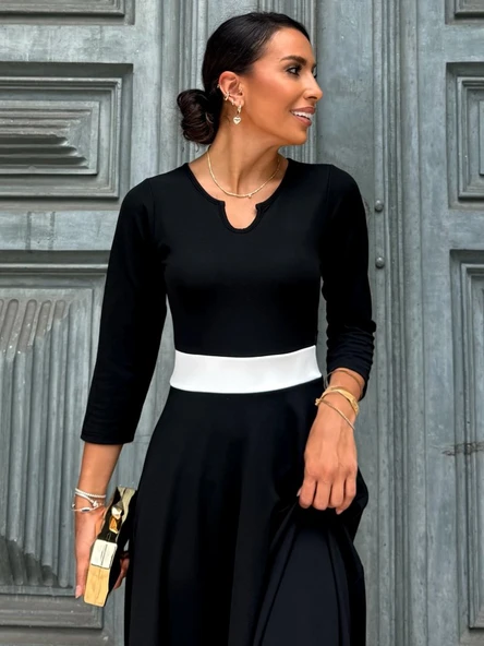 Kadın Truvakarkol Yakası Açık Blok Renkli Krep Midi Elbise - Resim 5