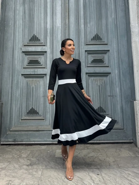 Kadın Truvakarkol Yakası Açık Blok Renkli Krep Midi Elbise - Resim 7