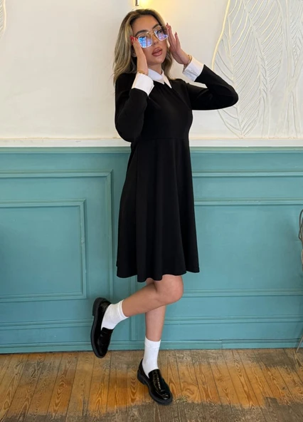 Kadın Uzun Kollu Gömlek Yaka Krep Kumaş Elbise - Resim 2