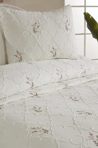 Pinkrose Nakışlı Şönil 3 Parça Çift Kişilik Yatak Örtüsü Krem - Resim 7