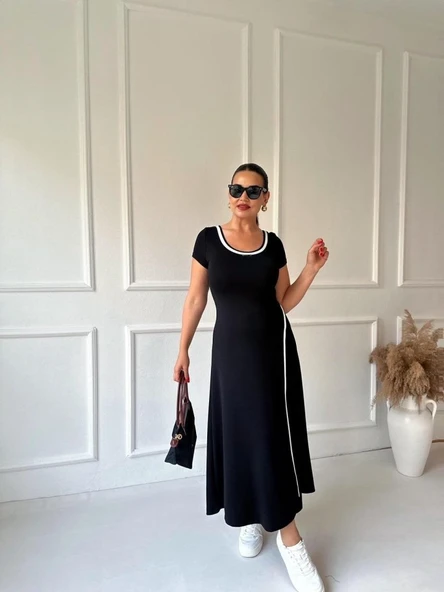 Kadın Yuvarlak Ribana Yaka Beyaz Yırtmaç Detaylı Viskon Tam Boy Elbise - Resim 8