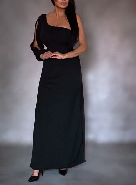 Tek Omuz Açık Derin Yırtmaçlı Krep Tam Boy Elbise - Resim 5