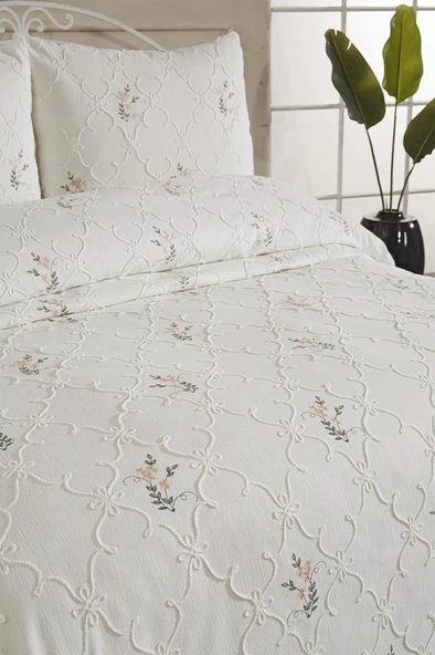 Pinkrose Nakışlı Şönil 3 Parça Çift Kişilik Yatak Örtüsü Krem - Resim 5