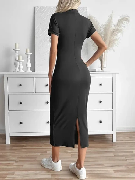 Kadın Yarı Balıkçı Yaka Yırtmaçlı Dalgıç Midi Elbise - Resim 3